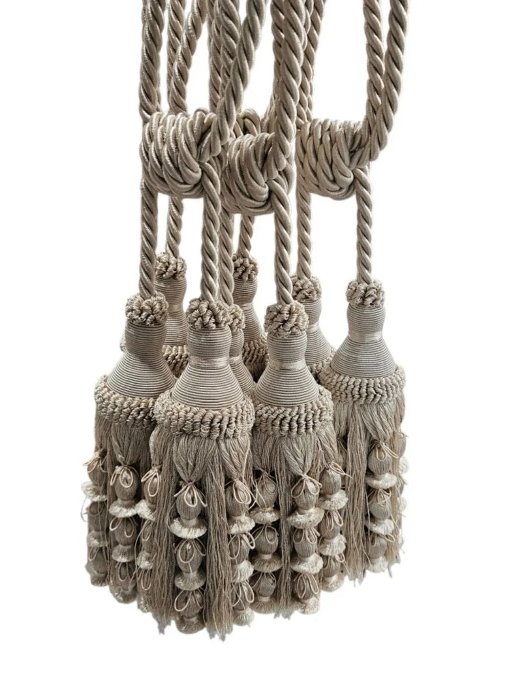 French Tassel Tiebacks PASSEMENTERIE Drape Curtain Braided Rope Tan Satin Sheen4